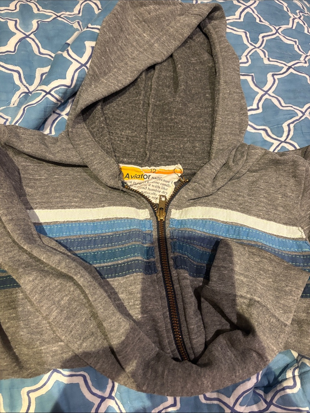 Aviator Nation Kids Gray Hooded Zip Jacket with Blue Stripes